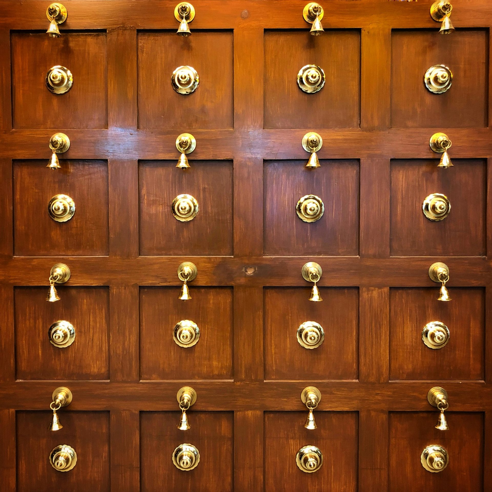 a close up of a wooden door with brass knobs